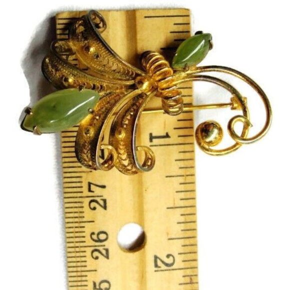 Sorrento Jade Flower Gold Plated 925 Sterling Silver Brooch - Picture 5 of 11